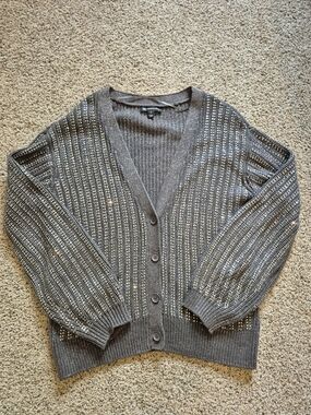 INC International Concepts Metallic Charcoal Open-Knit Button Cardigan